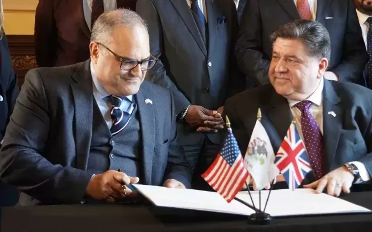 Image: Amid global tariff war, Pritzker vows to be ‘stable’ trading partner with United Kingdom